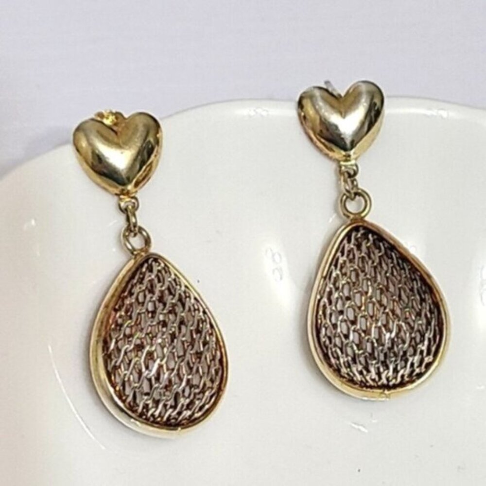 Vintage Sterling Silver Gold Plated Heart Chunky Mesh Drop Dangle Earrings